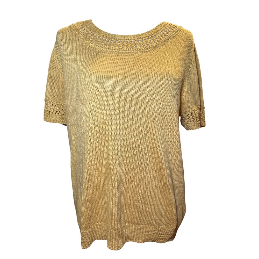 Anthropologie Pointelle Short Sleeve Sweater, Boho Lattice, Gold Yellow, Large
